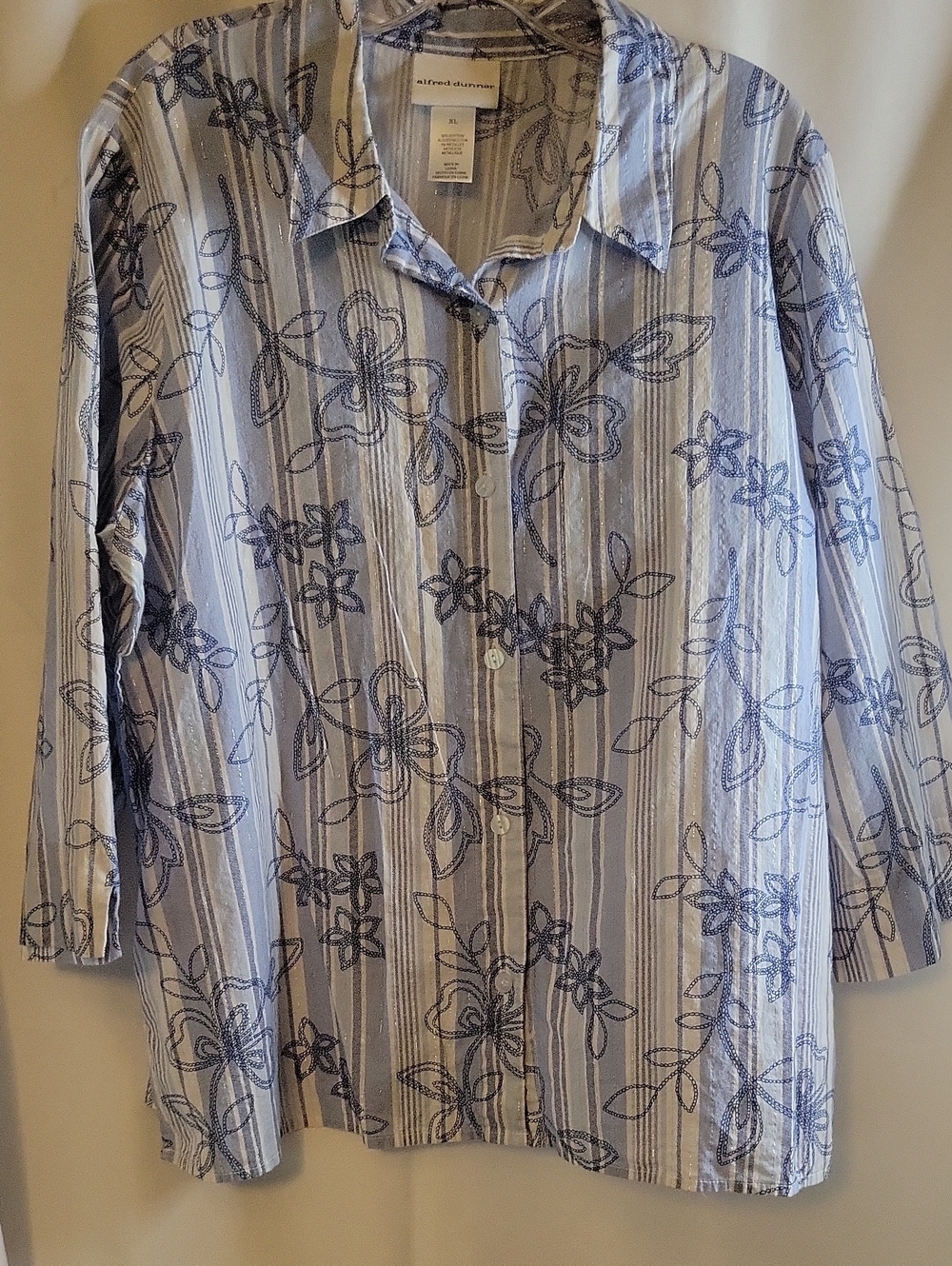 Alfred Dunner Light Blue and White Floral Stripe Button-Down Shirt